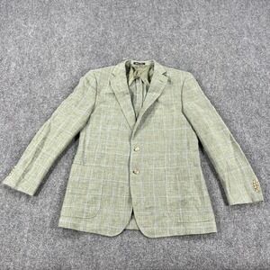 Patrick James Blazer Mens 42R Green Blue Windowpane Drago Wool Linen Jacket